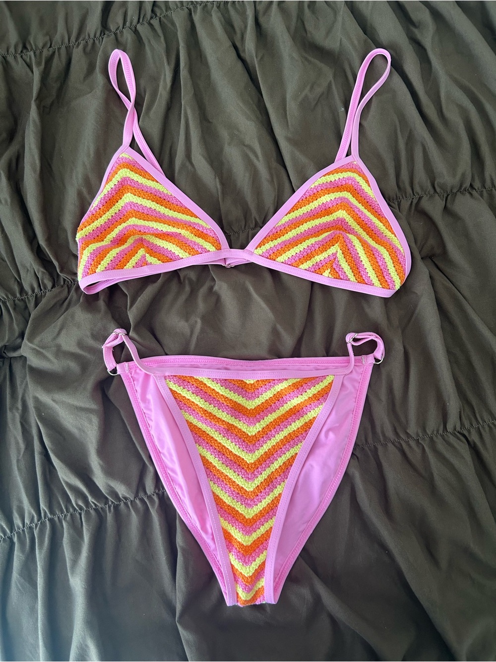 Beach Riot Pink Crochet-Front Triangle Bikini with Neon Stripe Detail